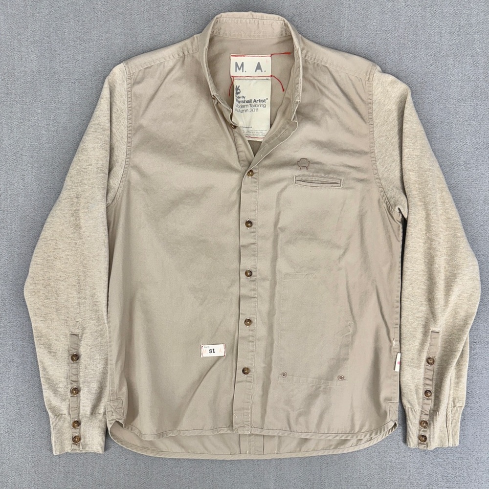 M. A Marshall Artist Mens Medium Button Up Shirt Multi Pocket Knit Sleeves Tan